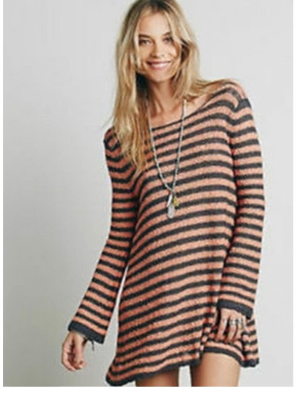 Free People Striped Mini Dress Womens‎ XS Long Sleeve Tunic Boucle Knit NWT - Picture 2 of 15